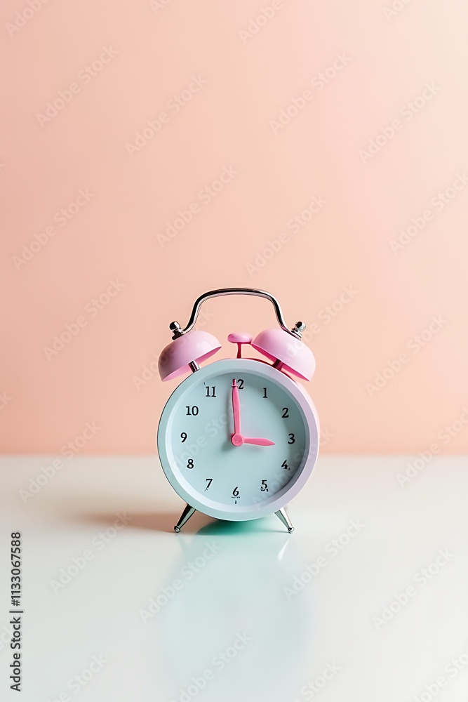 Poster A colorful alarm clock sits on a soft pastel background in this tiny minimalist flat lay scene setup._00002_
