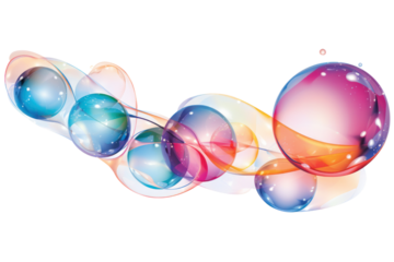 Artistic vector representation of soap bubbles of varying diameters, highlighting their smooth, rounded forms and iridescent surfaces. The illustration captures the play of light and reflections