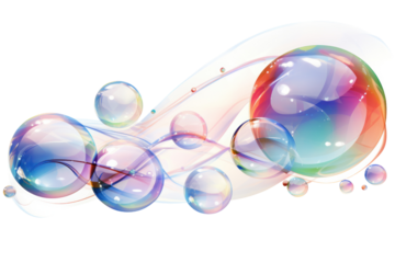 Artistic vector representation of soap bubbles of varying diameters, highlighting their smooth, rounded forms and iridescent surfaces. The illustration captures the play of light and reflections
