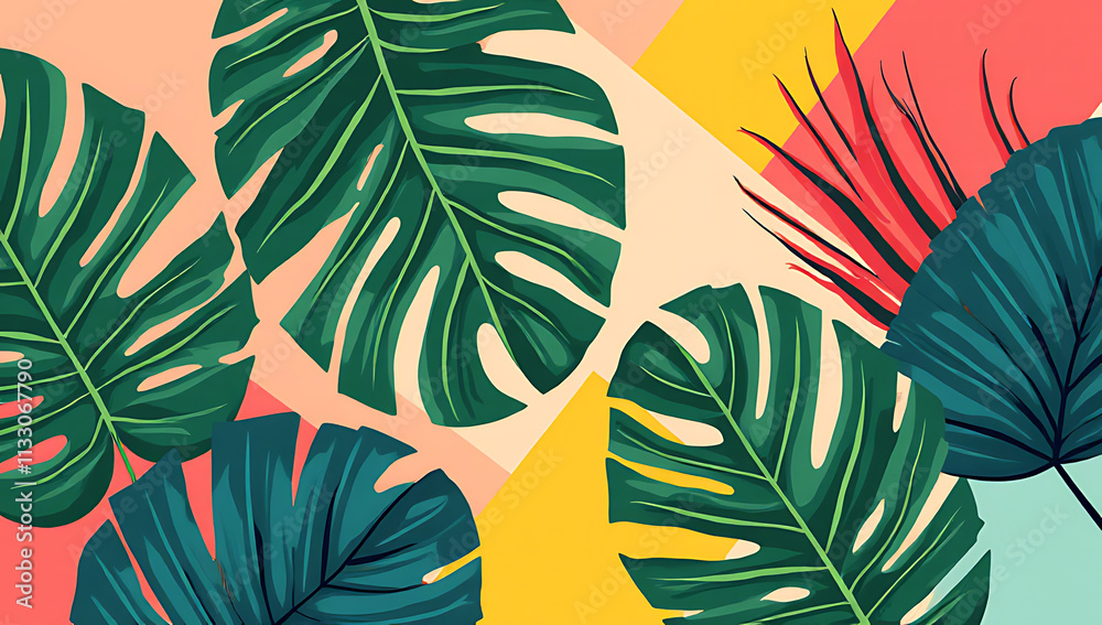 Poster a collection of tropical leaves is set against a backdrop of vibrant colors in a geometric pattern d