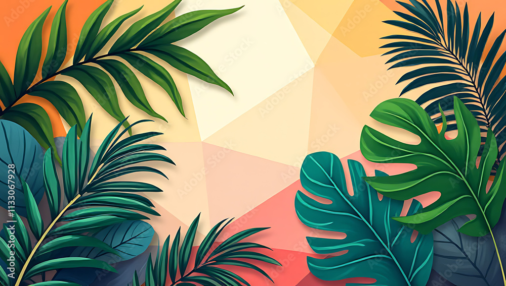 Poster a collection of tropical leaves is set against a backdrop of vibrant colors in a geometric pattern d