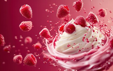 Fototapeta premium A vibrant swirl of yogurt and raspberry jam with fresh raspberries flying on a deep pink background