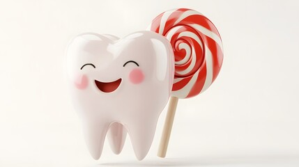 Happy Tooth Character Beside Red And White Lollipop