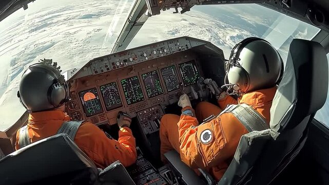 Pilots in the Cockpit: A captivating view from the cockpit of an airplane, showcasing two pilots in their orange flight suits.