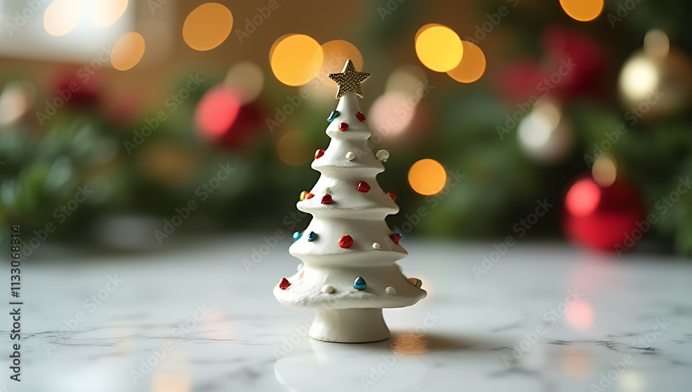 Poster a christmas tree ornament is blurred in the background against an empty marble tabletop._00002_