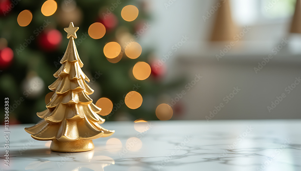 Poster a christmas tree ornament is blurred in the background against an empty marble tabletop._00001_