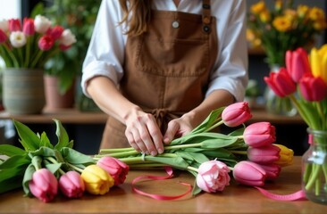 A woman is arranging a beautiful assortment of flowers in a shop