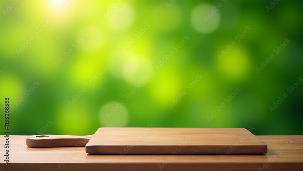 Poster A chopping board sits on a wooden table amidst a blurred, vibrant green bokeh effect that fills the surrounding space thoroughly._00002_