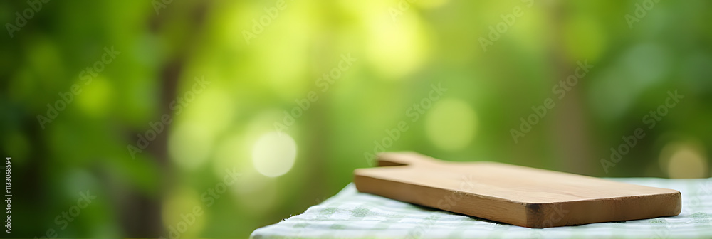 Poster A chopping board lies on a tablecloth amidst a blurry green bokeh background with soft, blurred edges._00002_