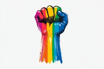 A graphic of a raised fist in monochrome, with subtle accents of rainbow colors symbolizing equality for all