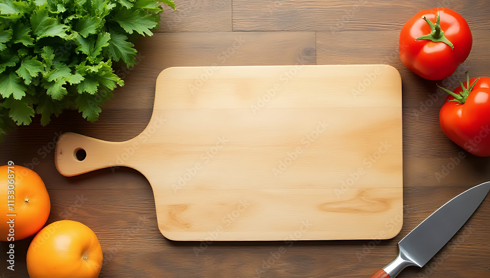 Poster A chopping board is placed on a wooden table in a simple composition for use as a design element or background._00001_