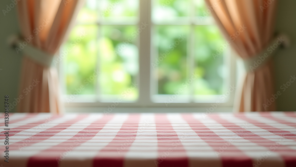 Poster A checkered tablecloth overlays a blurred curtain with a window view featuring greenery from a garden background._00001_