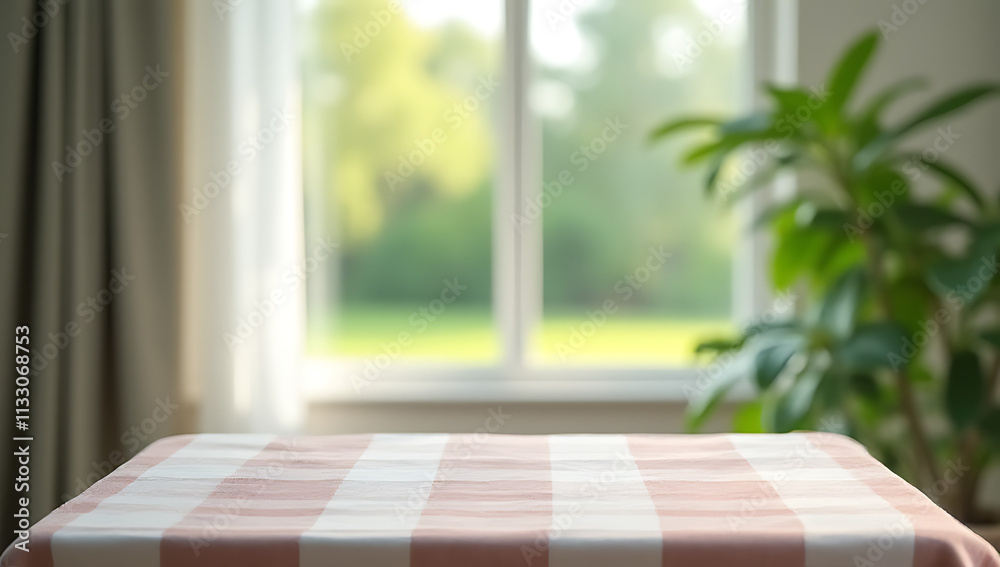 Poster A checkered tablecloth overlays a blurred curtain with a window view featuring greenery from a garden background._00002_