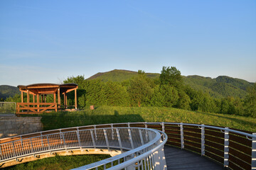 Fototapeta premium Iron construction of a walkway for tourists above the treetops