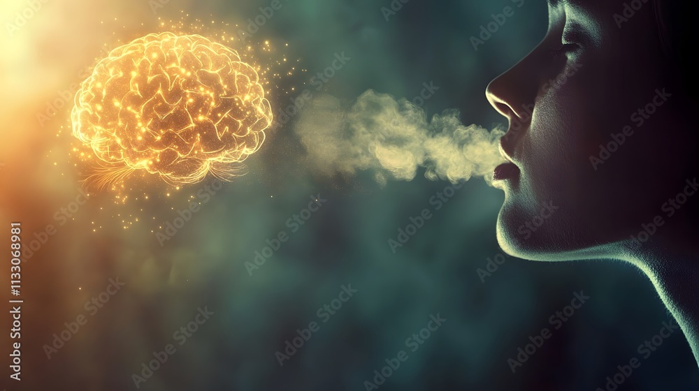 Poster conceptual illustration of a woman's profile with glowing brain and creative thoughts emerging from 