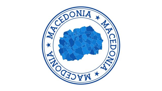 Macedonia intro. Badge with the circular name and map of country. Macedonia round logo animation.