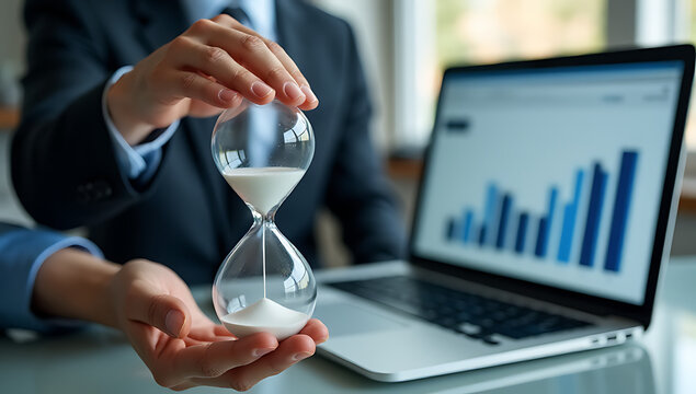 A businessman holds an hourglass near a graph chart displayed on his computer laptop, symbolizing timely business decision making._00001_