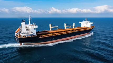 Fototapeta premium Large Cargo Ship Navigating Open Ocean with Clear Blue Sky and Calm Water in Maritime Environment