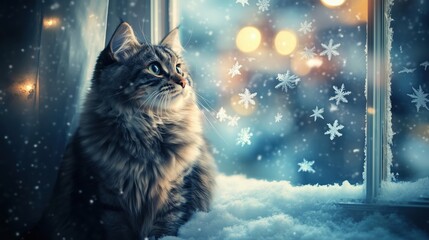 A fluffy cat sitting by a frosted window watching snowflakes fall, with soft lighting and a cozy indoor setting.