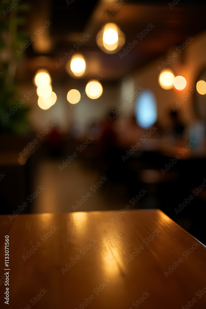 Aufkleber a blurred wood table is partially visible in the dimly lit background of a bustling nighttime café o