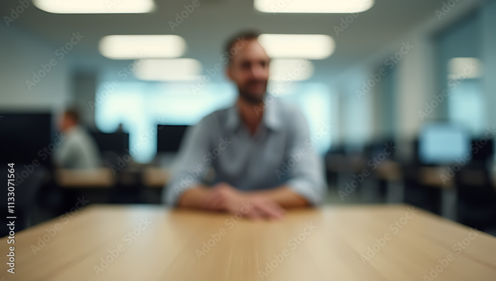 Poster A blurred worker sits at an empty wooden table in a generic office setting suitable for various visual uses._00001_