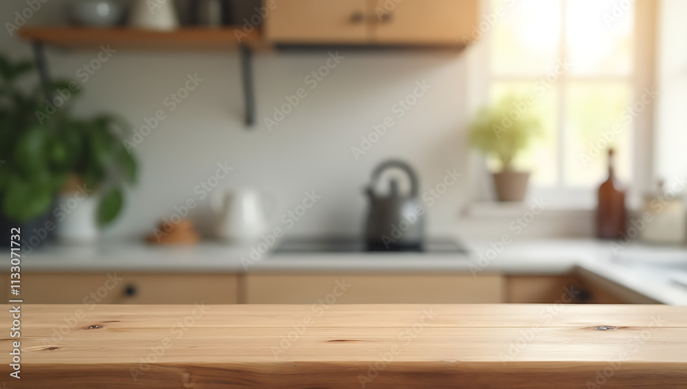 Poster a blurred kitchen counter serves as a subtle backdrop for a wooden table top in selective focus imag