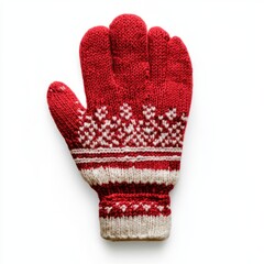 Red mitten with white trim isolated on white background