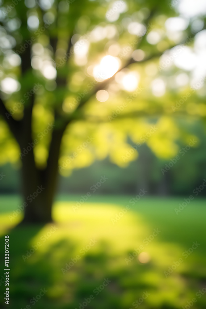 Poster A blurred bokeh of a tree garden in a morning spring scene conveys the serene beauty of nature concepts._00001_