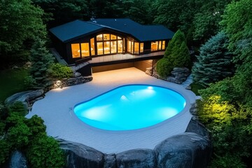 A nighttime view of a luxury estate, with warm lights glowing from the windows and the pool lit in vivid blue