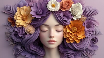 Naklejka premium Dreamy floral portrait: woman with purple hair and colorful flowers
