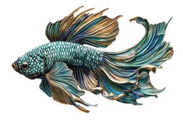 Obraz premium A stunning betta fish in rich shades of teal and gold, elegantly posed with its fins splayed out, creating a striking contrast against a clean white background. The intricate details of its scales