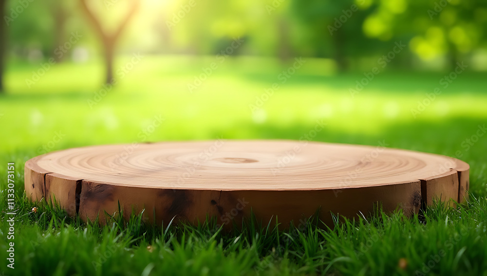 Aufkleber A beautiful pine wood textured table top or counter island is set against a serene green grass lawn background template layout._00001_