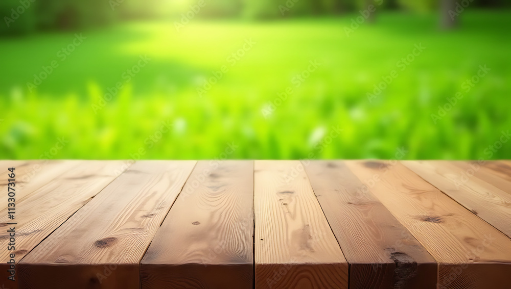 Aufkleber a beautiful pine wood textured table top or counter island is set against a serene green grass lawn 