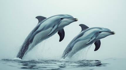 Fototapeta premium Two Playful Dolphins Leaping Above The Water Surface, Captured in a Serene Ocean Environment Under Soft Natural Light with a Calm Backdrop