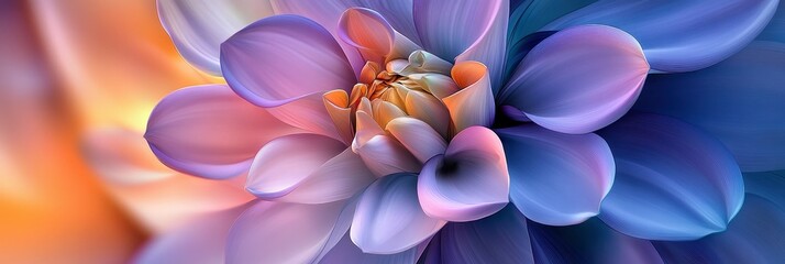 A flower with a purple center and blue petals. The flower is surrounded by a yellow background