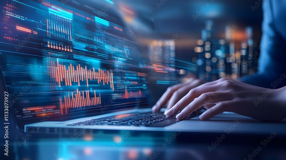 Poster hands typing on laptop displaying data streams
