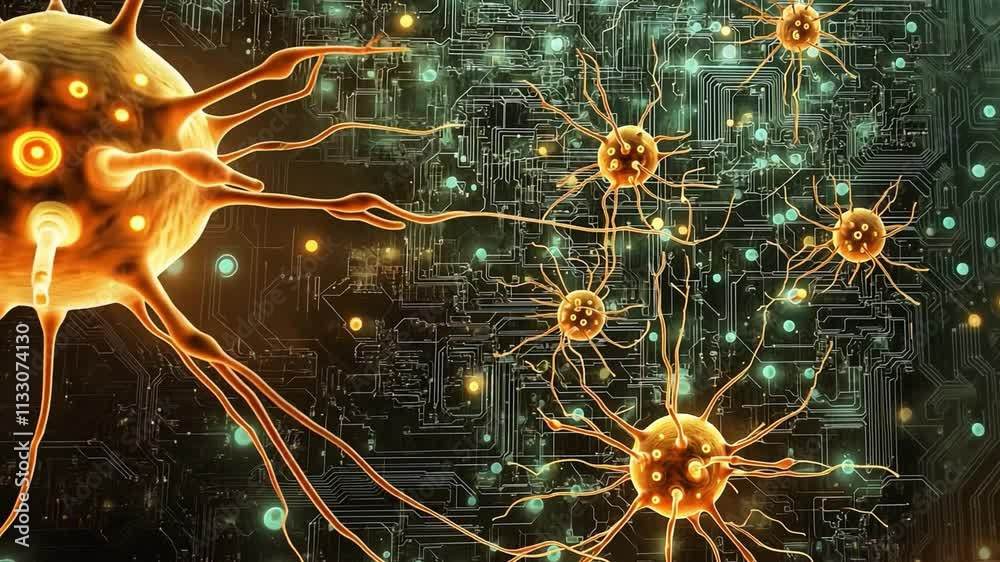 Poster biocomputer concept showcasing neural networks and circuits blending in a digital environment