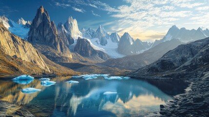 Obraz premium Majestic Mountain Range Reflecting in Serene Glacial Lake: A Breathtaking Panorama of Arctic Beauty