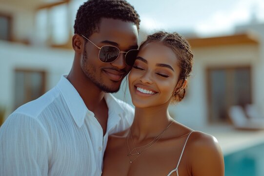 Romantic couple embracing by poolside in summer sunlit setting