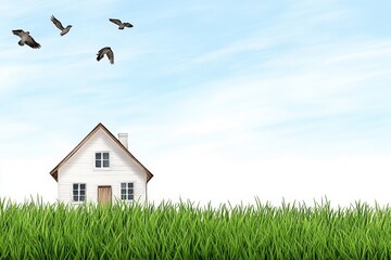 Fototapeta premium A serene watercolor illustration of a countryside estate, featuring a rustic farmhouse, lush green fields, and a bright blue sky