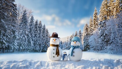 Obraz premium Merry Christmas and happy New Year greeting card with copy-space. Snowmen Family standing in winter Christmas landscape. Winter background
