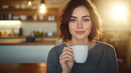 Fototapeta premium young woman enjoying warm beverage in cozy kitchen setting
