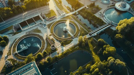 Fototapeta premium Aerial View Of Ity Station For Wastewater Treatment. A Lot Of Ponds With Dirty And Cleaned Water