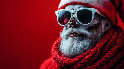 Scary Christmas Banner - Zombie wearing santa red hat and red christmas scarf and white sunglasses isolated on red background with copy space