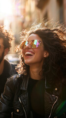 Obraz premium joyful woman with curly hair wearing sunglasses smiles brightly in sunlight