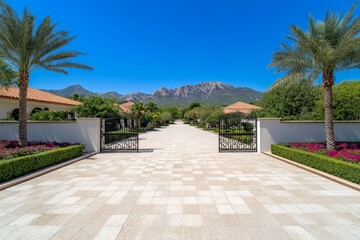 Obraz premium An ultra-detailed close-up of a gated estate entrance, with intricate ironwork gates, freshly painted walls, and vibrant flowers lining the pathway