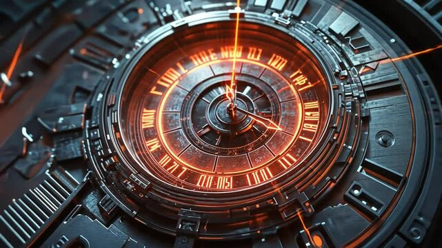 Futuristic Clockwork: A mesmerizing close-up of a futuristic clockwork mechanism, with glowing orange lights illuminating the intricate gears and dials. The image evokes a sense of power, precision.