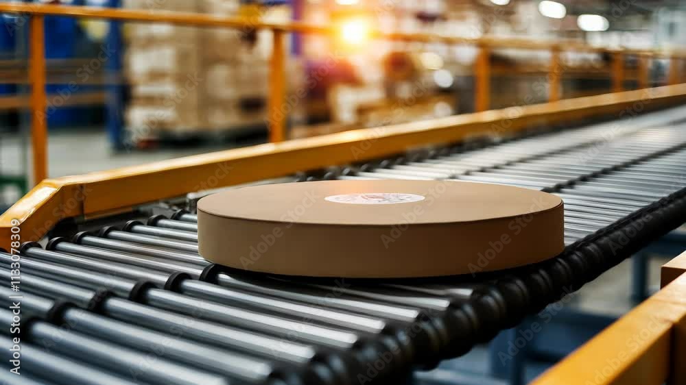 Poster automated delivery system in modern warehouse with conveyor belt and sorting mechanism