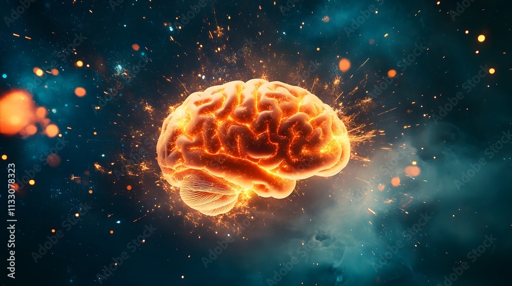Aufkleber Vibrant and Dynamic Concept of Human Brain Surrounded by Abstract Colorful Particles and Sparks in Cosmic Background