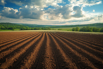 A wide shot of a fertile field dotted with newly scattered seeds
